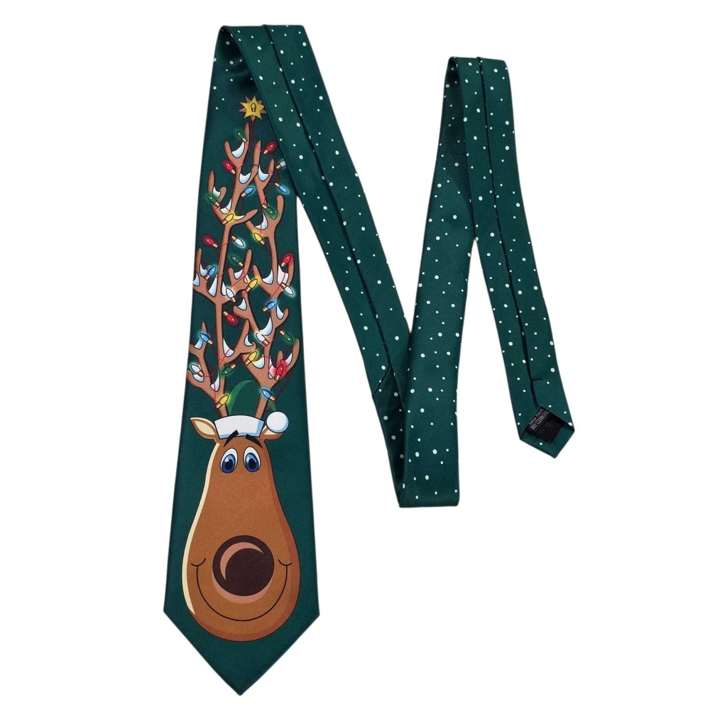 Novelty Christmas Reindeer Mens‎ Tie Green Polka Dot Necktie Holiday Party Fun